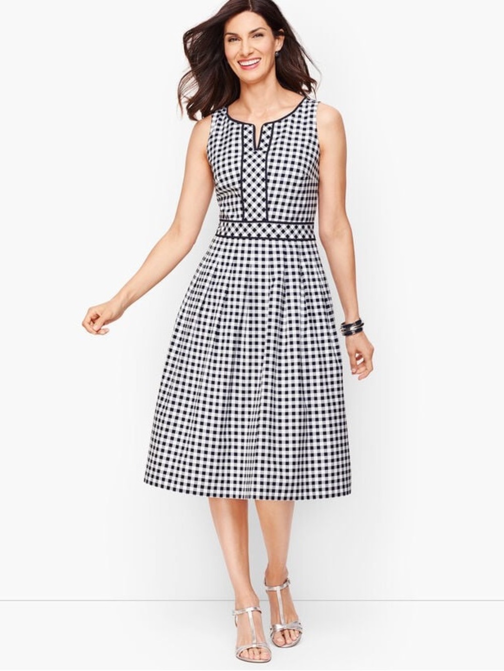 Talbots Women’s Fit & Flare Gingham Dress Size 14 Black/White Classic Midi NWOT